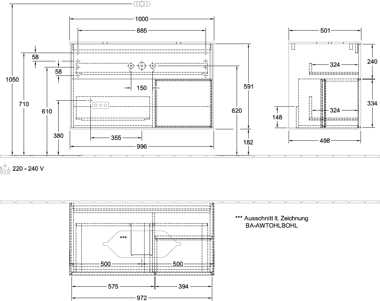 V&amp;B Waschtisch-Unterschrank Finion 100x60,3x50,1cm, Regal rechts White matt lacquer, Walnut veneer