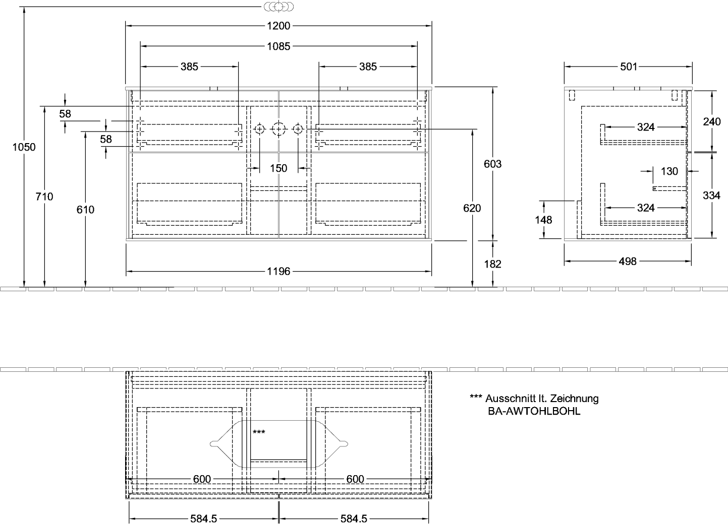 V&amp;B Waschtisch-Unterschrank Finion 120x60,3x50,1cm, Glass White Matt, Black matt lacquer