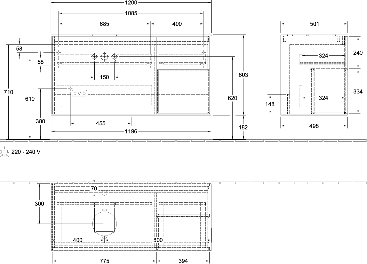 V&B Waschtisch-Unterschrank Finion 120cm, Abdeckplatte white matt, Regal Oak Veneer, Oak Veneer