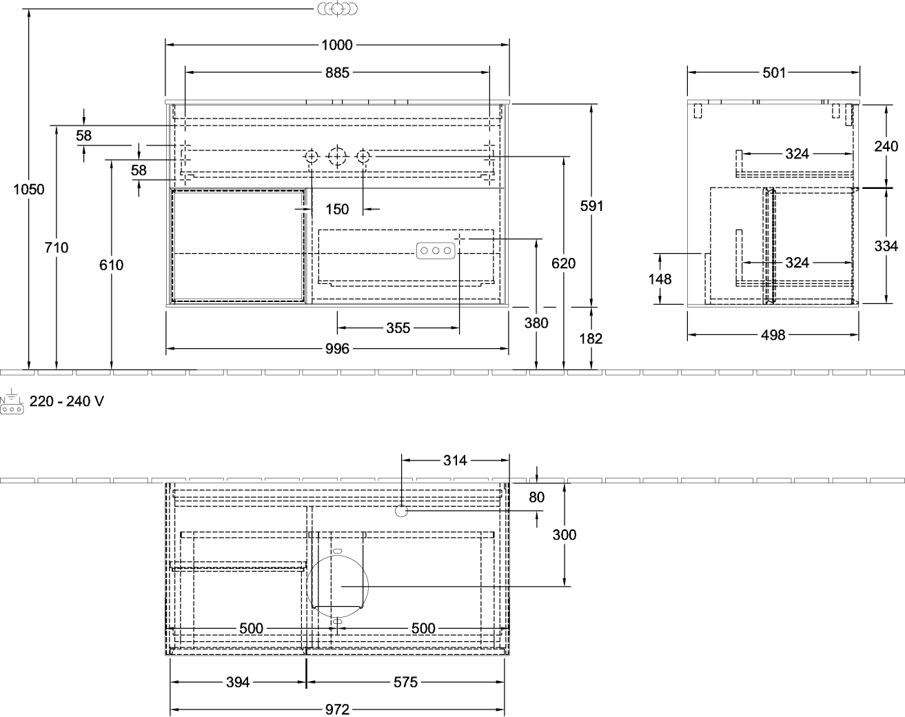 V&B Waschtisch-Unterschrank Finion 100cm, Abdeckplatte white matt, Regal Oak Veneer, Oak Veneer