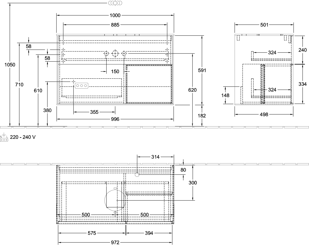 V&B Waschtisch-Unterschrank Finion 100cm, Abdeckplatte black matt, Regal Walnut Veneer, Glossy white lacquer