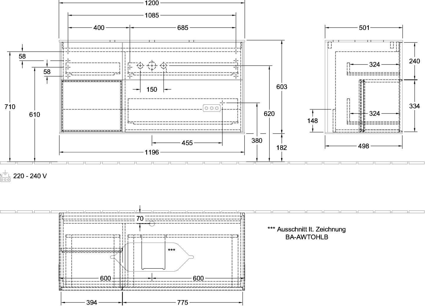 V&B Waschtisch-Unterschrank Wandbeleuchtung Finion 120cm, Abdeckplatte black matt, Regal links Black matt lacquer, Anthracite matt