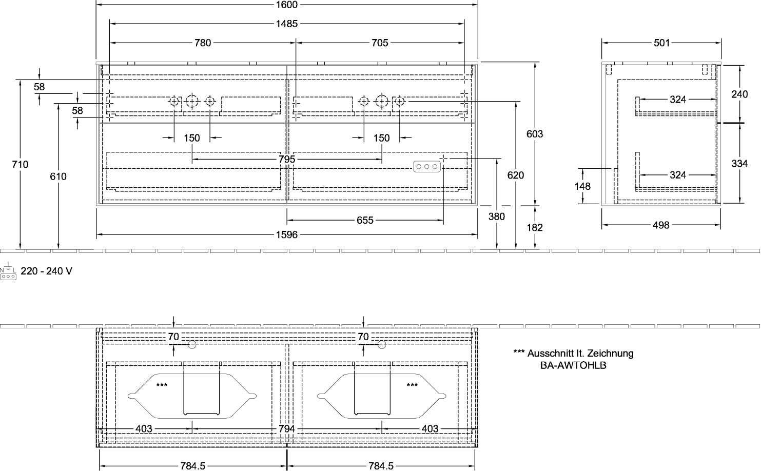 V&B Waschtisch-Unterschrank Wandbeleuchtung Finion 160x60,3cm, Abdeckplatte black matt, Anthracite matt