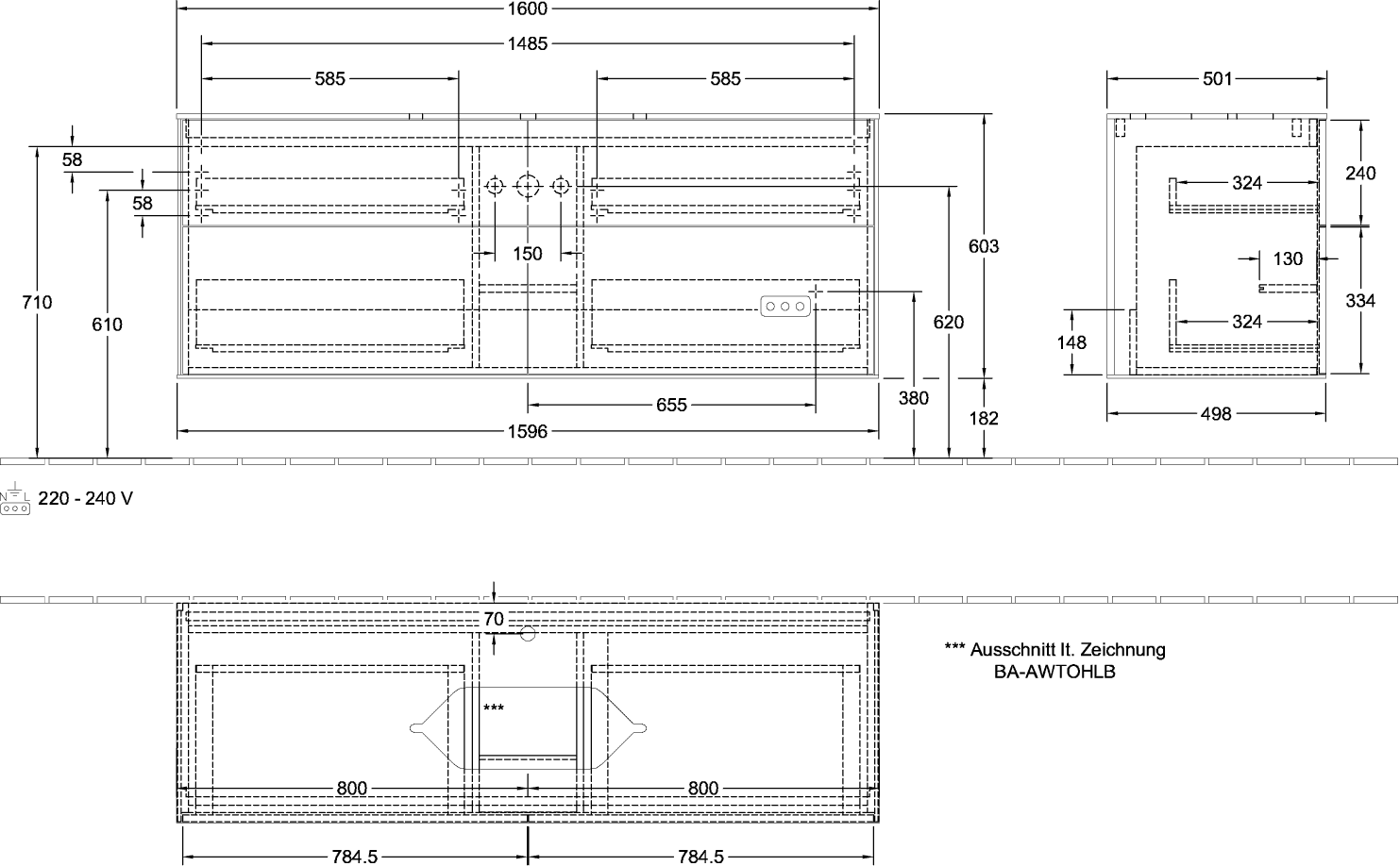 V&B Waschtisch-Unterschrank Wandbeleuchtung Finion 160x60,3cm, Abdeckplatte black matt, Walnut veneer