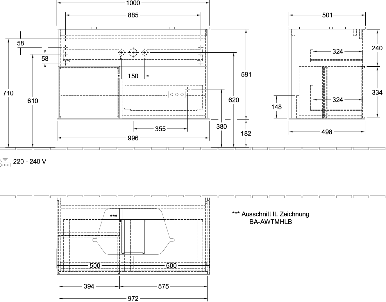 V&B Waschtisch-Unterschrank Wandbeleuchtung Finion 100cm, Abdeckplatte black matt, Regal links Glossy white lacquer, Glossy white lacquer