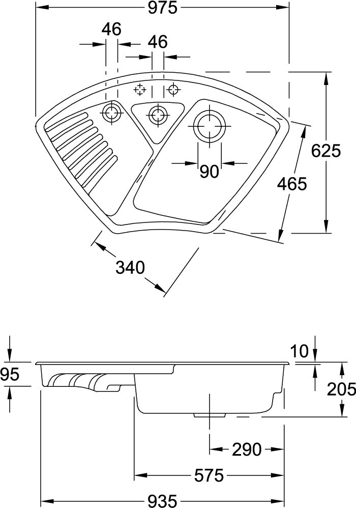 V&B Eckspüle Arena Eck mit Ablaufgarnitur, Handbetätigung, timber CeramicPlus