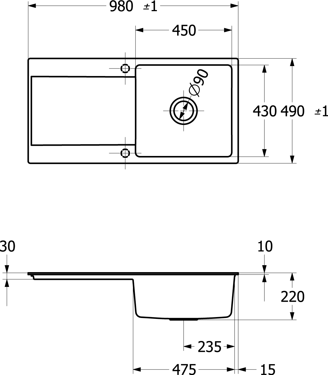V&B Flächenbündige Spüle Siluet 60 Flat mit Ablaufgarnitur, Excenterbetätigung, ebony CeramicPlus
