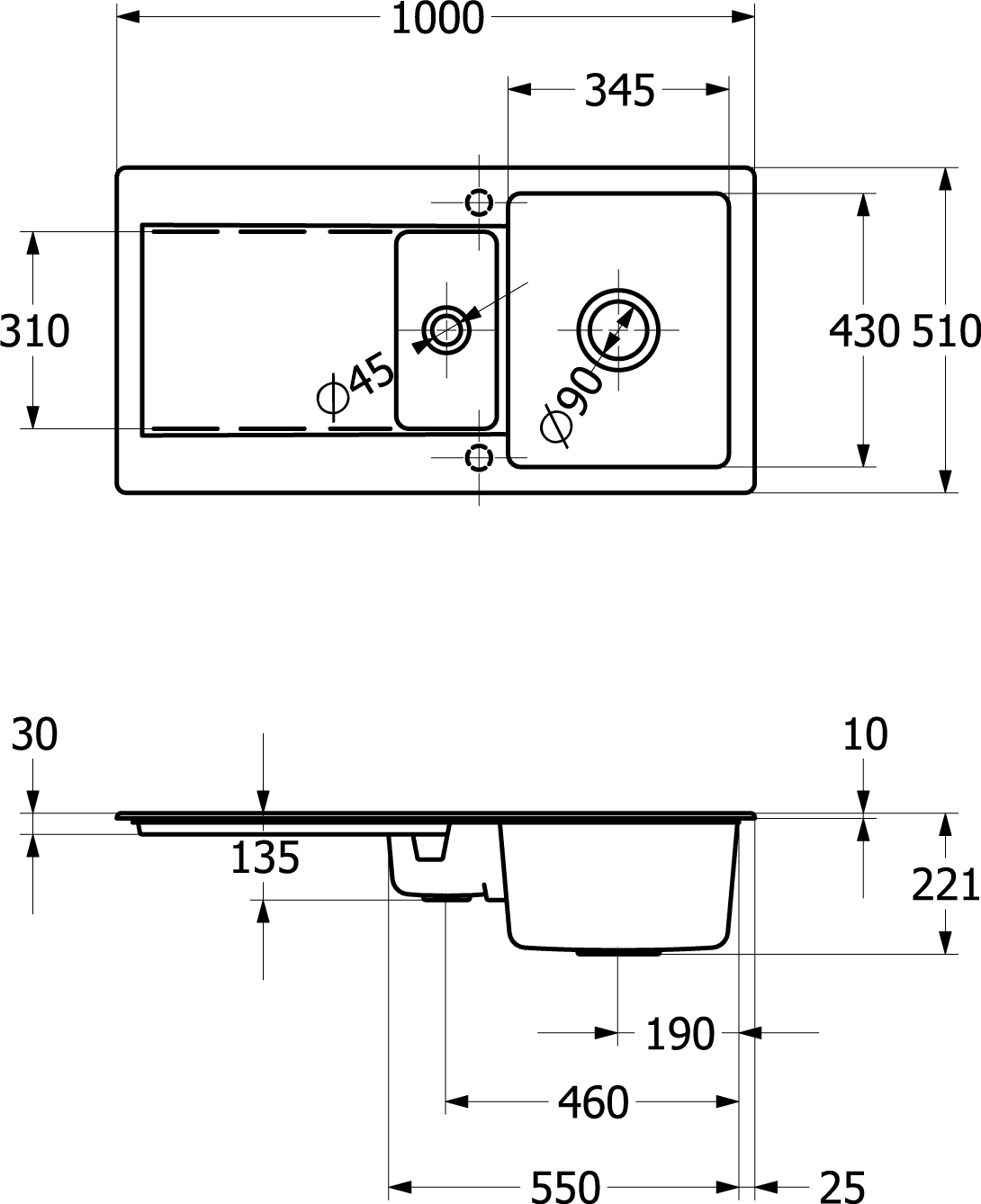 V&B Spüle Siluet 60 R mit Ablaufgarnitur, rund mit Excenterbetätigung, ebony CeramicPlus