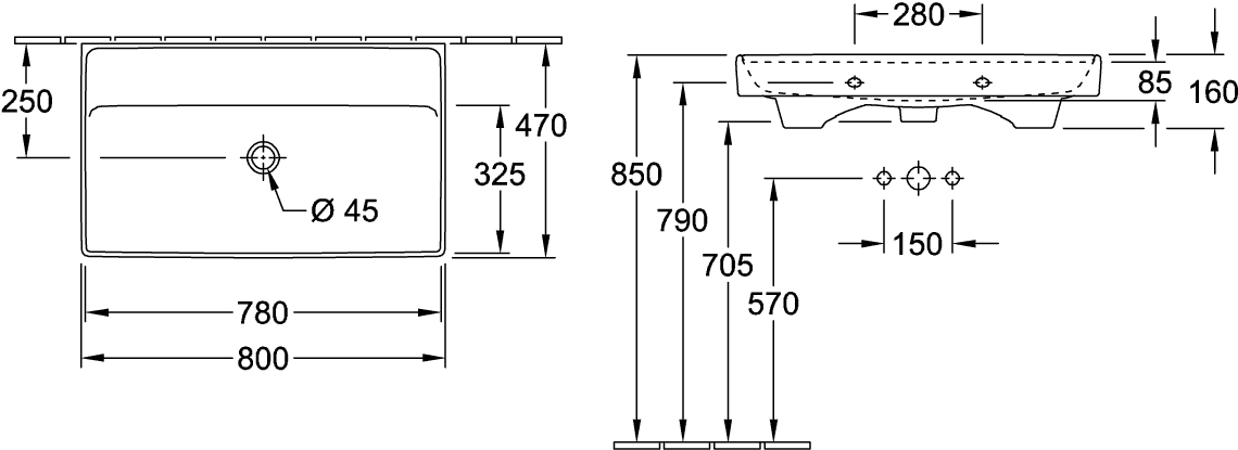 V&B Schrankwaschtisch Collaro 80 x 47 cm, ohne Überlauf, ohne Hahnloch, stone white C-plus