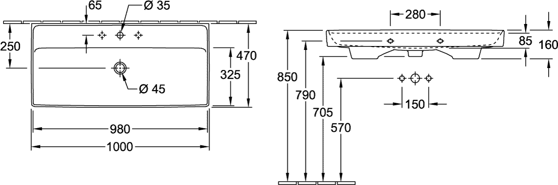 V&B Schrankwaschtisch Collaro 100 x 47 cm, mit Überlauf, stone white C-plus