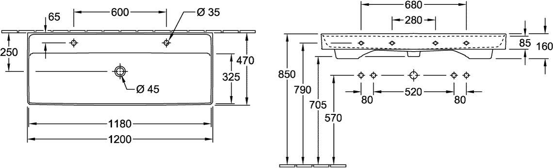 V&B Schrankwaschtisch Collaro 120x47cm, ohne Überlauf, weiß C-plus