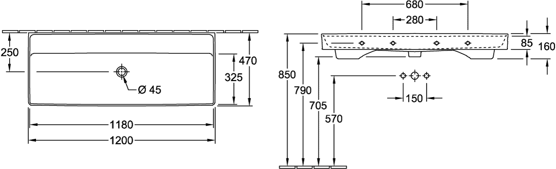 V&B Schrankwaschtisch Collaro 120 x 47 cm, ohne Überlauf, ohne Hahnloch, stone white C-plus