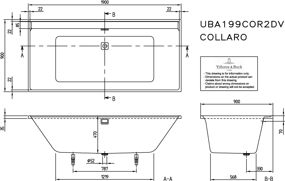 V&B Rechteck-Badewanne Collaro Duo 190x90cm, Einbauausführung Black Matt, stone white