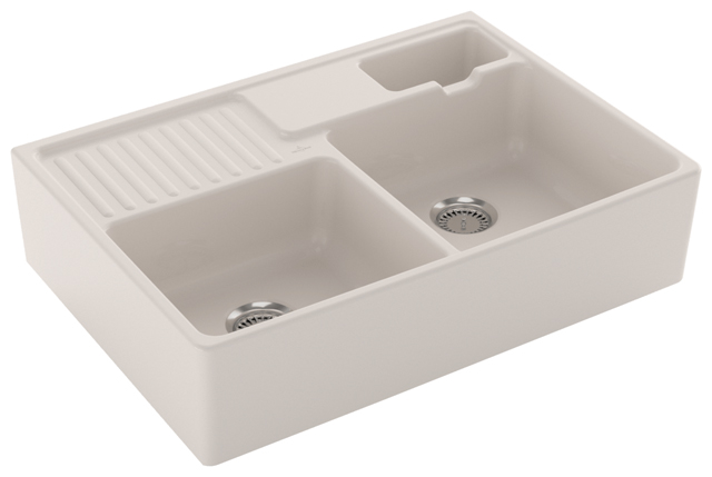 V&B Spülstein-Doppelbecken Resteschale, mit Ablaufgarnitur, Handbetätigung, crema CeramicPlus