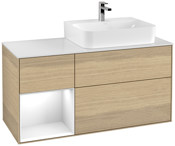 V&B Waschtisch-Unterschrank Abdeckplatte glass white Matt Finion 120cm, Regal links Glossy white lacquer, Oak Veneer