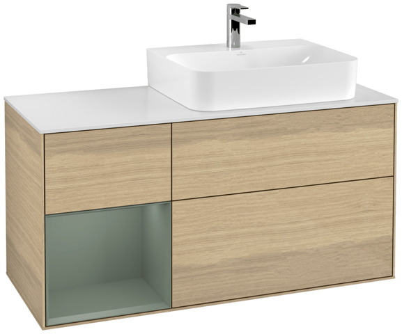 V&B Waschtisch-Unterschrank Abdeckplatte glass white Matt Finion 120cm, Regal links Olive Matt Lacquer, Oak Veneer