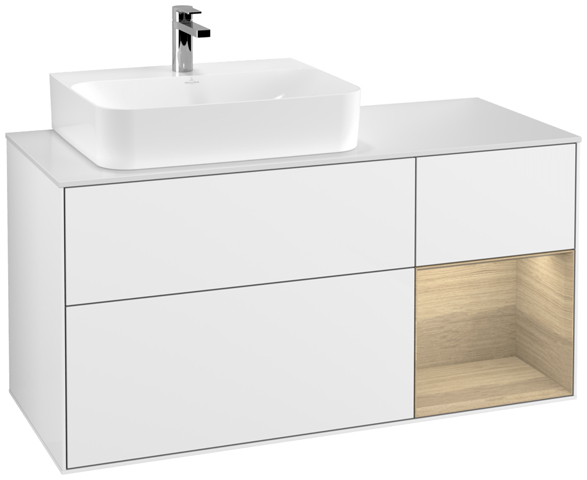 V&B Waschtisch-Unterschrank Finion 120cm, Abdeckplatte white matt, Regal rechts Oak Veneer, Glossy white lacquer