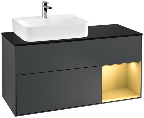 V&B Waschtisch-Unterschrank Finion 120cm, Abdeckplatte black matt, Regal rechts Gold matt, Midnight Blue Matt Lacquer