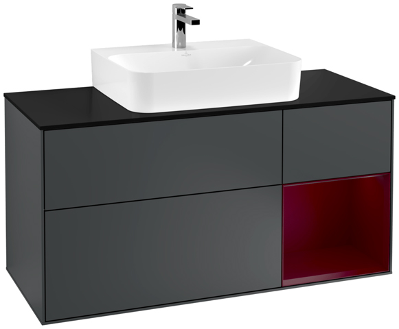 V&B Waschtisch-Unterschrank Finion 120cm, Abdeckplatte black matt, Regal rechts Peony, Midnight Blue Matt Lacquer