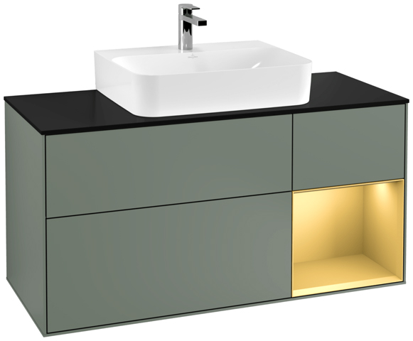 V&B Waschtisch-Unterschrank Finion 120cm, Abdeckplatte black matt, Regal rechts Gold matt, Olive Matt Lacquer