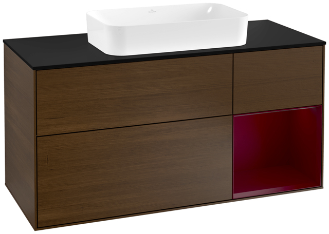 V&B Waschtisch-Unterschrank Finion 120cm, Abdeckplatte black matt, Regal rechts Peony, Walnut veneer