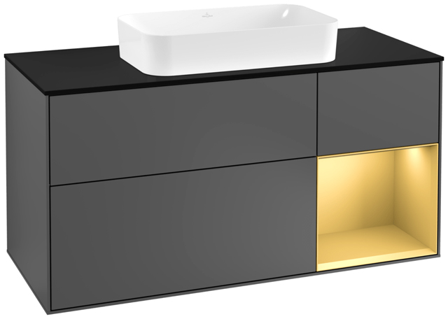 V&B Waschtisch-Unterschrank Finion 120cm, Abdeckplatte black matt, Regal rechts Gold matt, Anthracite matt