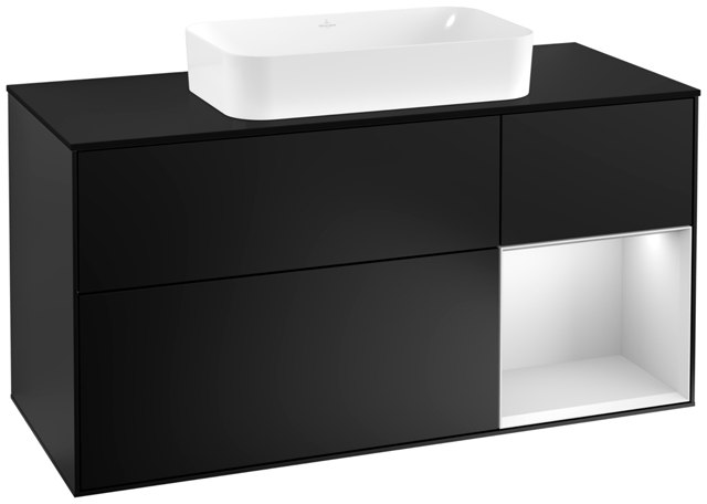 V&B Waschtisch-Unterschrank Finion 120cm, Abdeckplatte black matt, Regal rechts White matt lacquer, Black matt lacquer