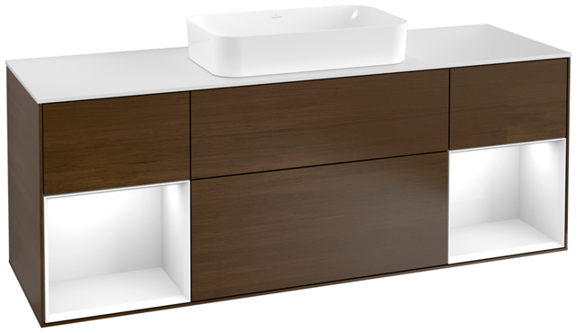 V&B Waschtisch-Unterschrank Abdeckplatte white matt Finion 160x60,3cm, Regal Glossy white lacquer, Walnut veneer