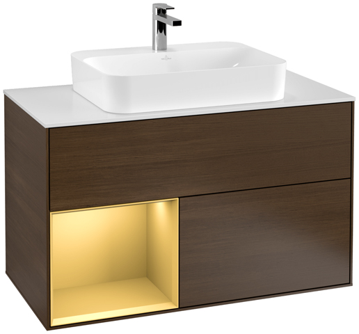 V&B Waschtisch-Unterschrank Finion 100cm, Abdeckplatte white matt, Regal links Gold matt, Walnut veneer