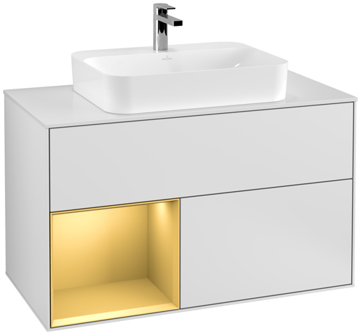 V&B Waschtisch-Unterschrank Finion 100cm, Abdeckplatte white matt, Regal links Gold matt, White matt lacquer