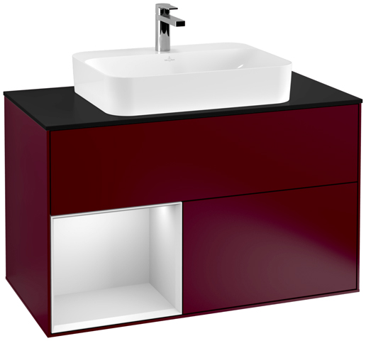 V&B Waschtisch-Unterschrank Finion 100cm, Abdeckplatte black matt, Regal links White matt lacquer, Peony Matt