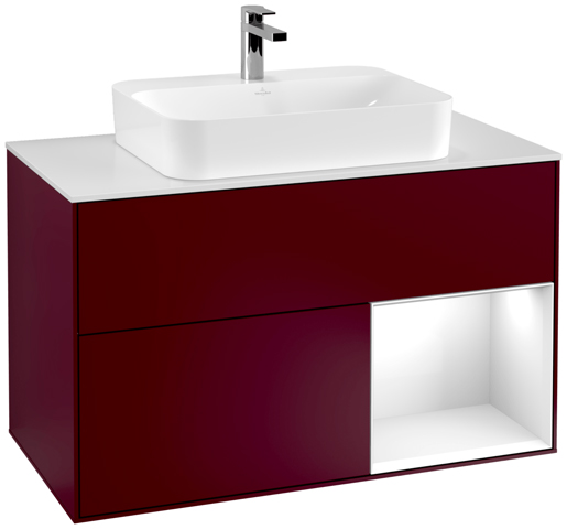V&B Waschtisch-Unterschrank Finion 100cm, Abdeckplatte white matt, Regal rechts Glossy white lacquer, Peony Matt
