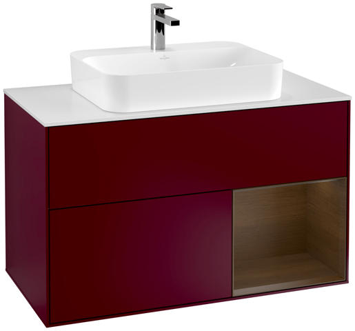 V&B Waschtisch-Unterschrank Finion 100cm, Abdeckplatte white matt, Regal rechts Walnut veneer, Peony Matt