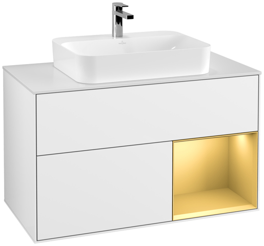 V&B Waschtisch-Unterschrank Finion 100cm, Abdeckplatte white matt, Regal rechts Gold matt, Glossy white lacquer