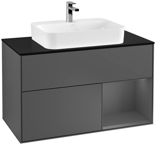 V&B Waschtisch-Unterschrank Finion 100cm, Abdeckplatte black matt, Regal rechts Anthracite matt, Anthracite matt