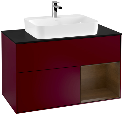 V&B Waschtisch-Unterschrank Finion 100cm, Abdeckplatte black matt, Regal rechts Walnut veneer, Peony Matt