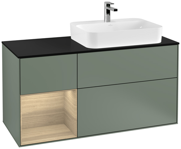 V&B Waschtisch-Unterschrank Finion 120cm, Abdeckplatte black matt, Regal links Oak Veneer, Olive Matt Lacquer