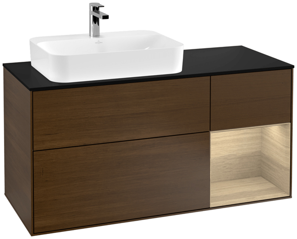 V&B Waschtisch-Unterschrank Finion 120cm, Abdeckplatte black matt, Regal rechts Oak Veneer, Walnut veneer