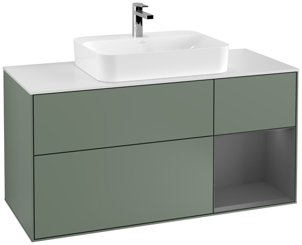 V&B Waschtisch-Unterschrank Finion 120cm, Abdeckplatte white matt, Regal rechts Anthracite matt, Olive Matt Lacquer