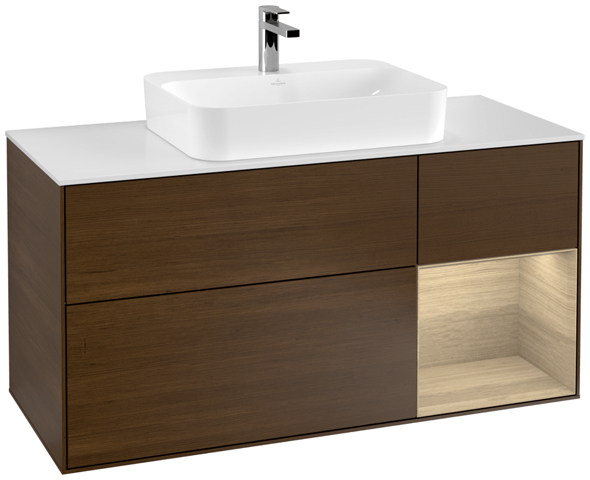 V&B Waschtisch-Unterschrank Finion 120cm, Abdeckplatte white matt, Regal rechts Oak Veneer, Walnut veneer