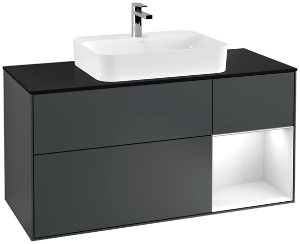 V&B Waschtisch-Unterschrank Finion 120cm, Abdeckplatte black matt, Regal rechts Glossy white lacquer, Midnight Blue Matt Lacquer