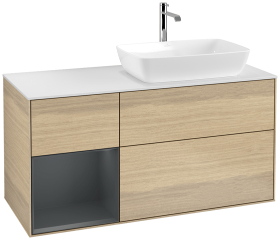 V&B Waschtisch-Unterschrank Finion 120cm, Abdeckplatte white matt, Regal Midnight matt lacquer, Oak Veneer