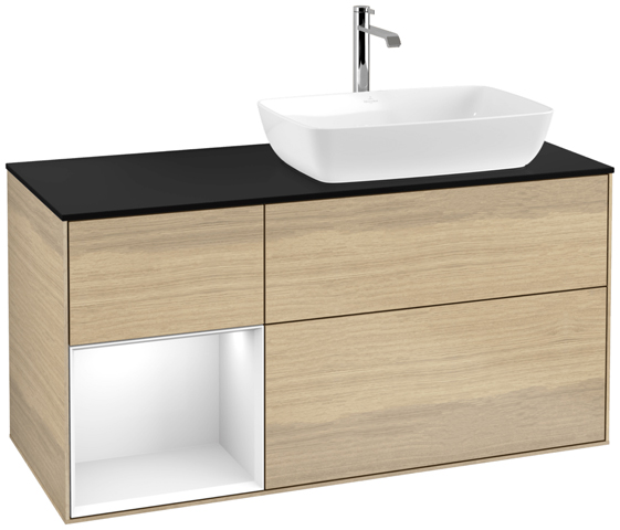 V&B Waschtisch-Unterschrank Finion 120cm, Abdeckplatte black matt, Regal Glossy white lacquer, Oak Veneer