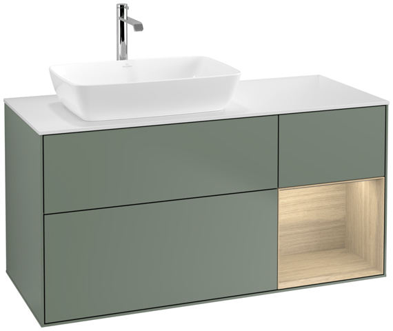 V&B Waschtisch-Unterschrank Finion 120cm, Abdeckplatte white matt, Regal Oak Veneer, Olive Matt Lacquer