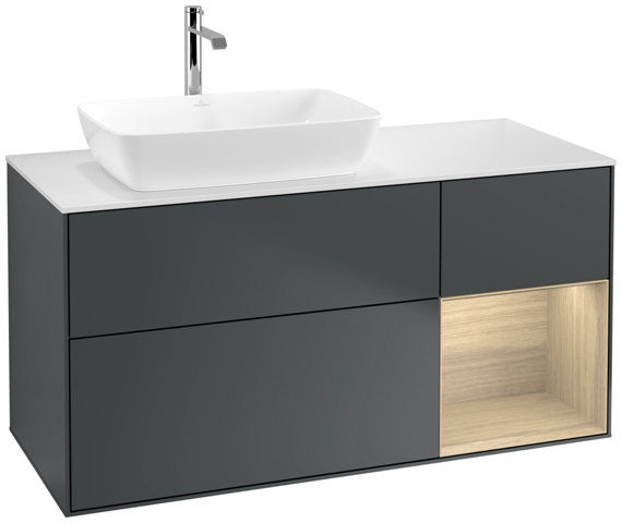 V&B Waschtisch-Unterschrank Finion 120cm, Abdeckplatte white matt, Regal Oak Veneer, Midnight Blue Matt Lacquer