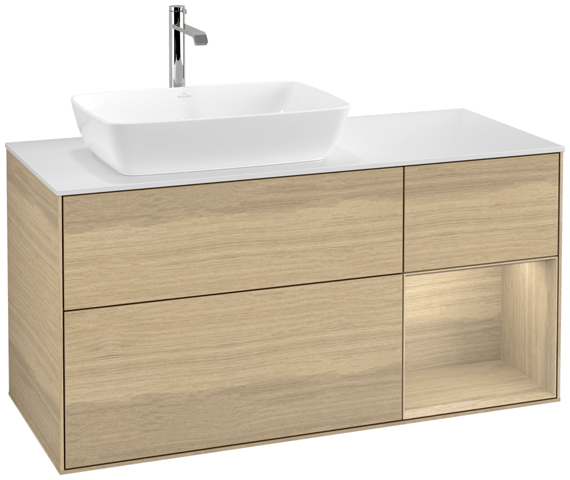 V&B Waschtisch-Unterschrank Finion 120cm, Abdeckplatte white matt, Regal Oak Veneer, Oak Veneer