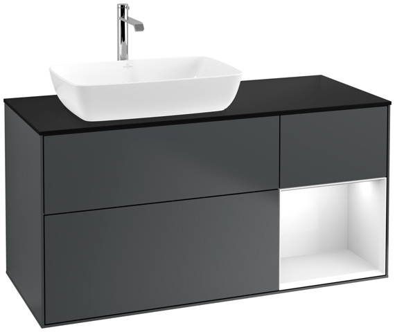 V&B Waschtisch-Unterschrank Finion 120cm, Abdeckplatte black matt, Regal Glossy white lacquer, Midnight Blue Matt Lacquer