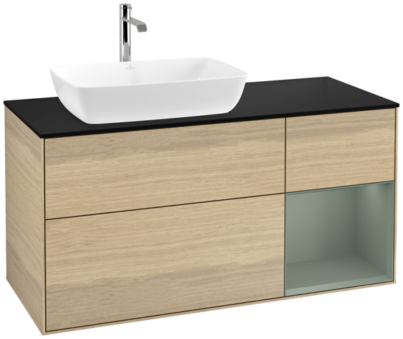 V&B Waschtisch-Unterschrank Finion 120cm, Abdeckplatte black matt, Regal Olive matt lacquer, Oak Veneer