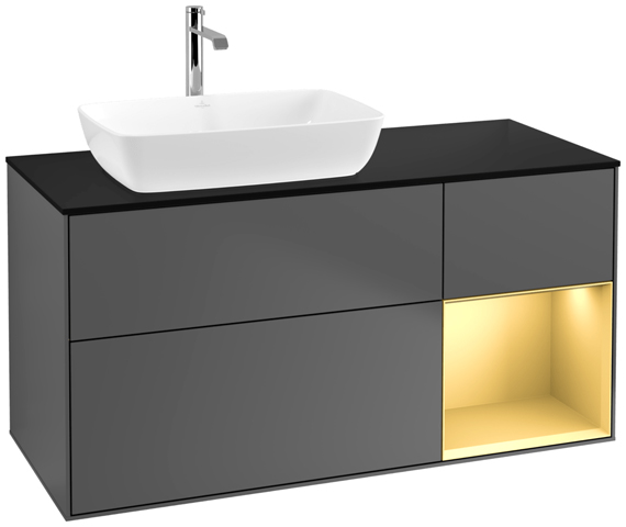 V&B Waschtisch-Unterschrank Finion 120cm, Abdeckplatte black matt, Regal Gold matt lacquer, Anthracite matt