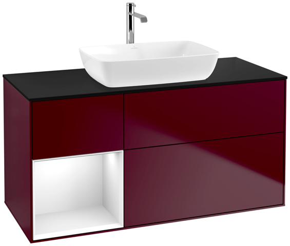 V&B Waschtisch-Unterschrank Finion 120cm, Abdeckplatte black matt, Regal Glossy white lacquer, Peony Matt